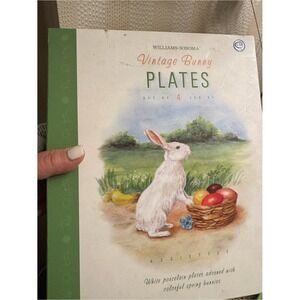 Williams Sonoma White & Green Vintage Bunny Plate Set - Spring Bunny Artwork set